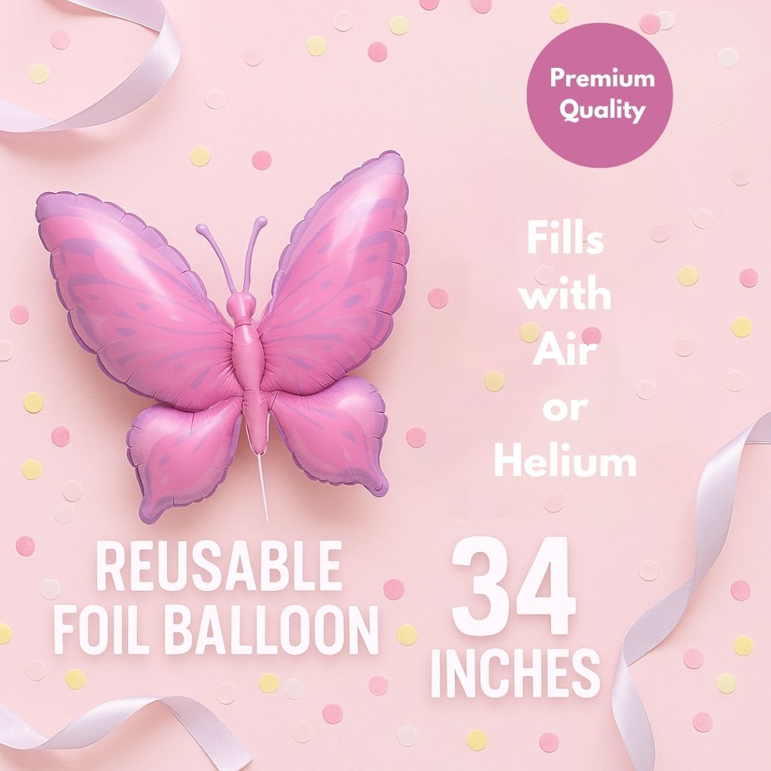 Butterfly Shaped Metallic Pistachio & Pink Balloon with Purple Thorax - Helum Quality - 34 inches - 1PC