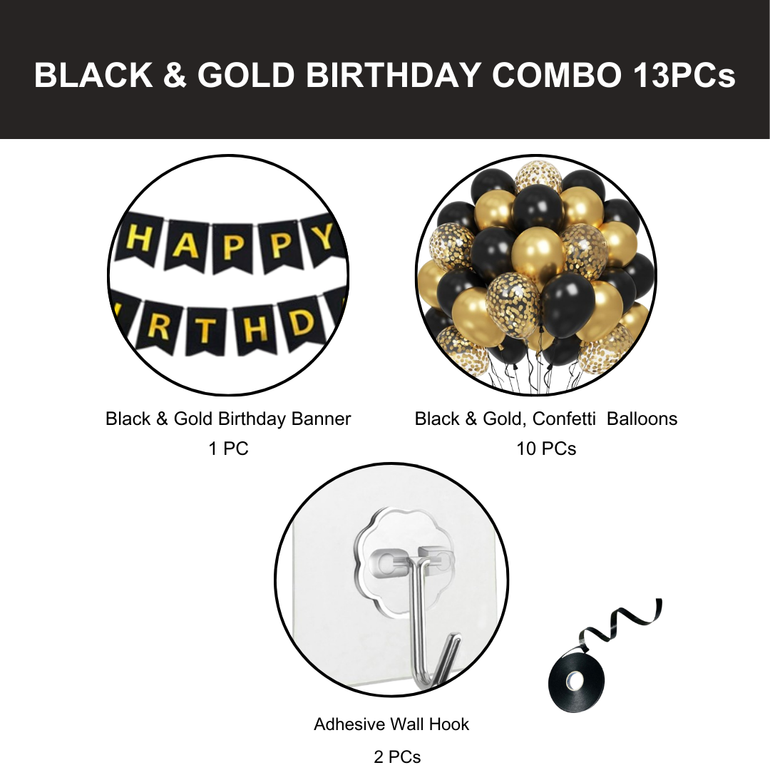 Happy Birthday Banner, Black and Gold Birthday Decoration Set of 13- Birthday Banner with 12inch Balloons, Ribbon and Adhesive Wall Hooks for Happy Birthday Decorations for Men, Boys, Women and Girls