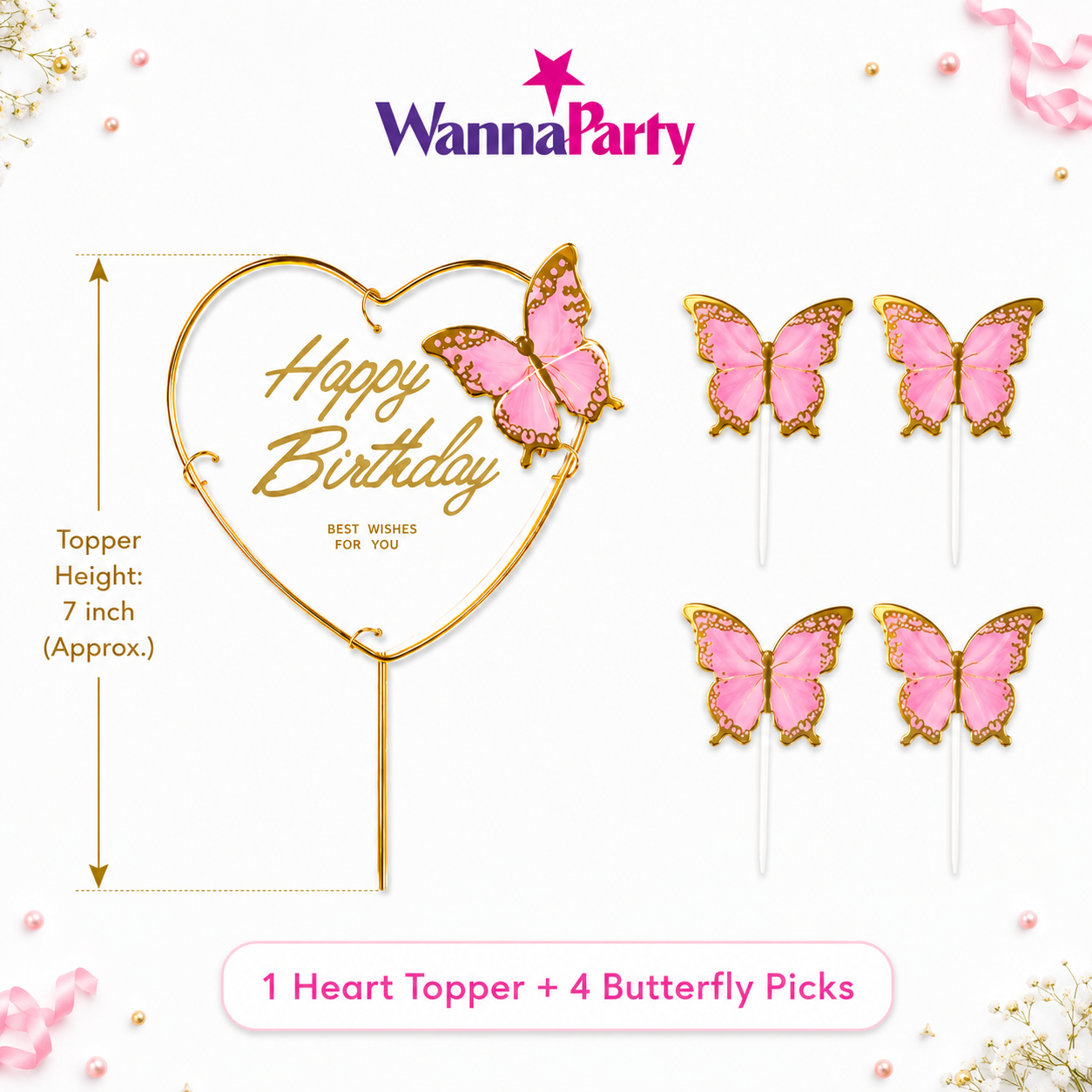Happy Birthday Cake Topper with Pink Butterflies - 5PC