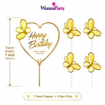 Happy Birthday Cake Topper with Yellow Butterflies - 5PC
