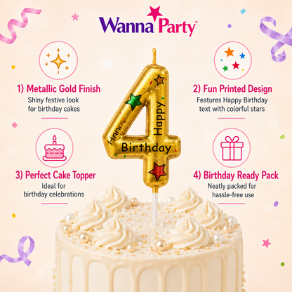 Golden Color Happy Birthday Printed Candle Number 4