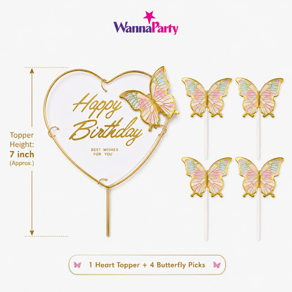 Happy Birthday Cake Topper with Multicolor Butterflies - 5PC
