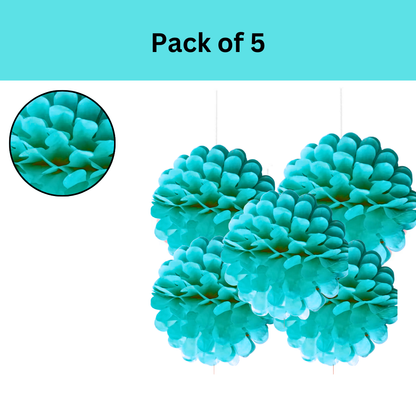 Paper Pom Pom Hangings for Decoration-10 inch 5 pieces Ceiling Decoration Items, Pom Poms, Fluffy Decoration- Sky Blue-NO DIY