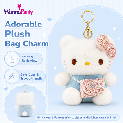Pink Hello Kitty Plushy Key Chain | Cute Kawaii Pink Cat Plush Keychain | Soft Bag Charm with Blue Bow & Mini Purse, Gold Metal Chain for Backpack, Handbag, Keys, Birthday Return Gift & Party Favor – 1PC