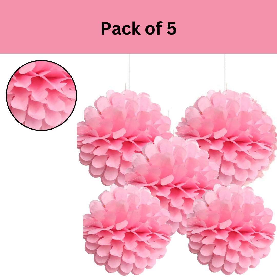 Paper Pom Pom Hangings for Decoration-10 inch 5 pieces Ceiling Decoration Items, Pom Poms, Fluffy Decoration- Light Pink