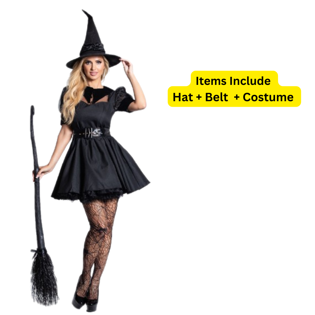 Sexy Witch Black Dress for Adults w/ Witch Hat, Belt & Gloves