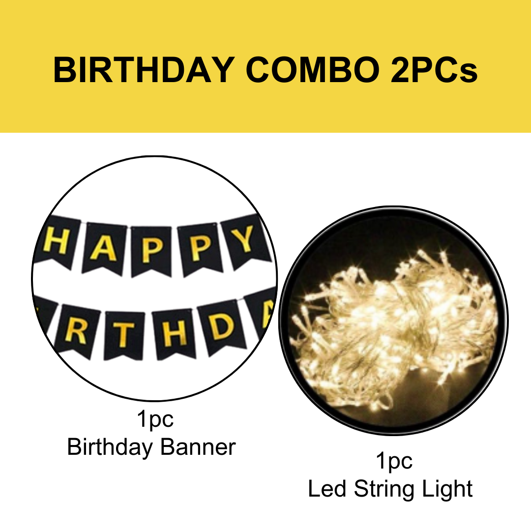 Happy Birthday Decoration Items - Black Happy Birthday Backdrop Decorations | Happy Birthday Decoration Kit | Black Happy Birthday Banner with LED Lights (Cardstock)