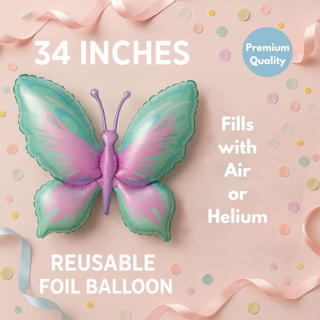 Butterfly Shaped Metallic Pink & Purple Balloon with Pink Thorax - Helum Quality - 34 inches - 1PC
