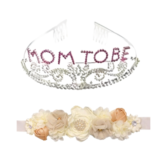 Mom To Be Crown with Pink & Silver Rhinestone and Floral Waistband Combo - Set of 2PC
