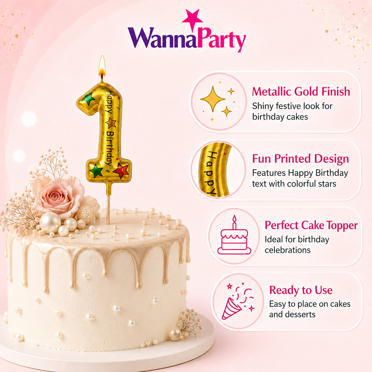 Golden Color Happy Birthday Printed Candle Number 1