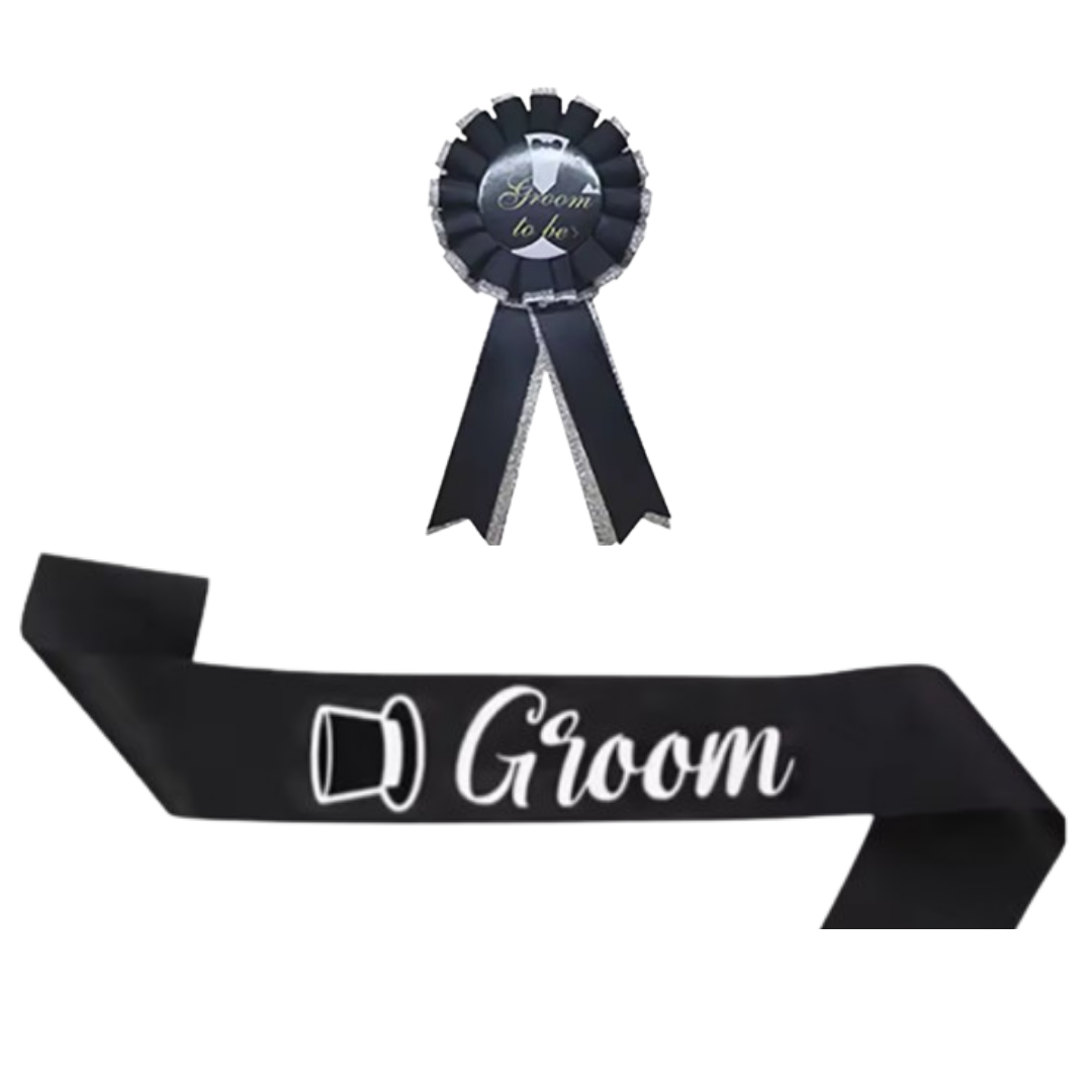 Bride & Groom Sash with Award Buttons Set - 4PC