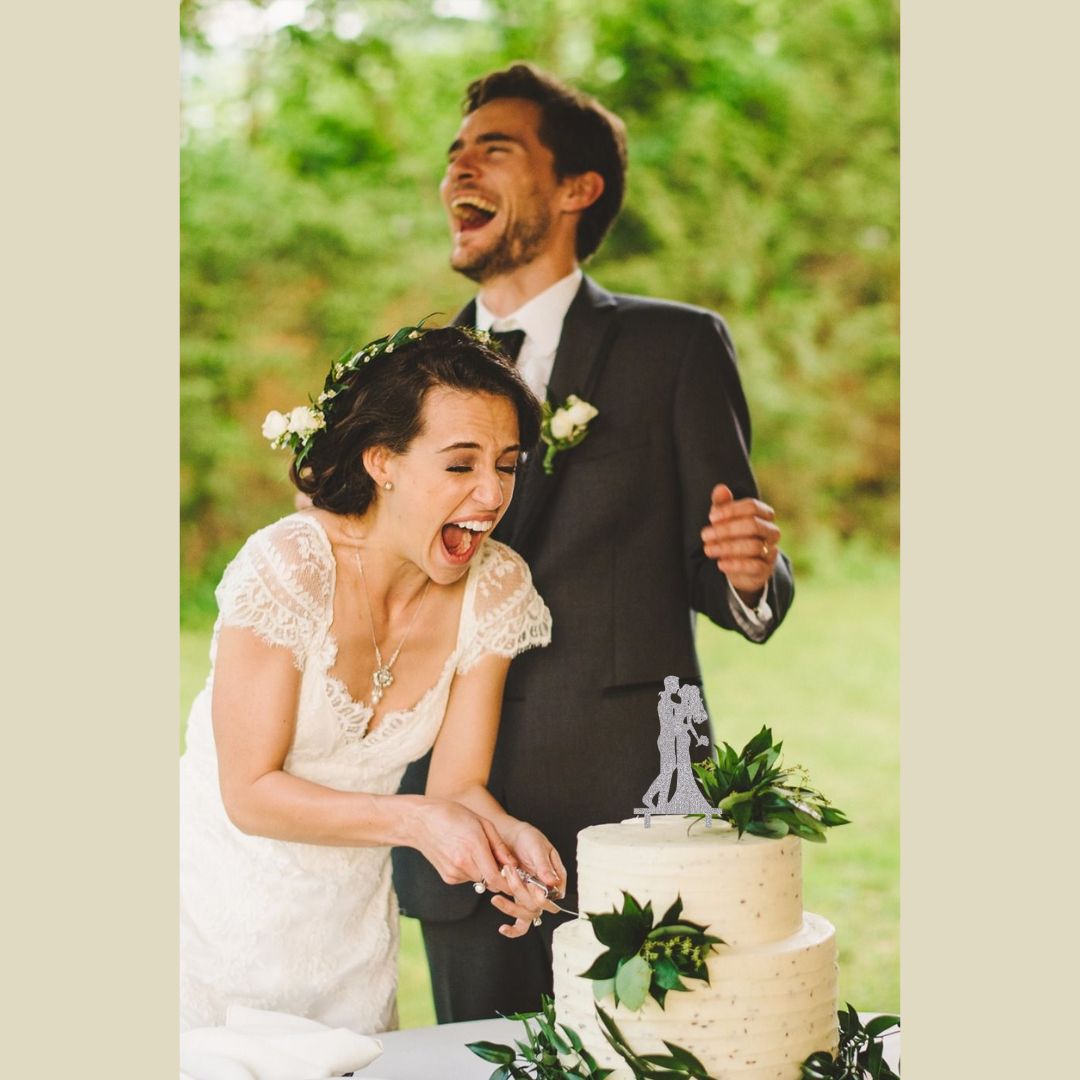 Bride & Groom Acrylic Silver Glitter Cake Topper