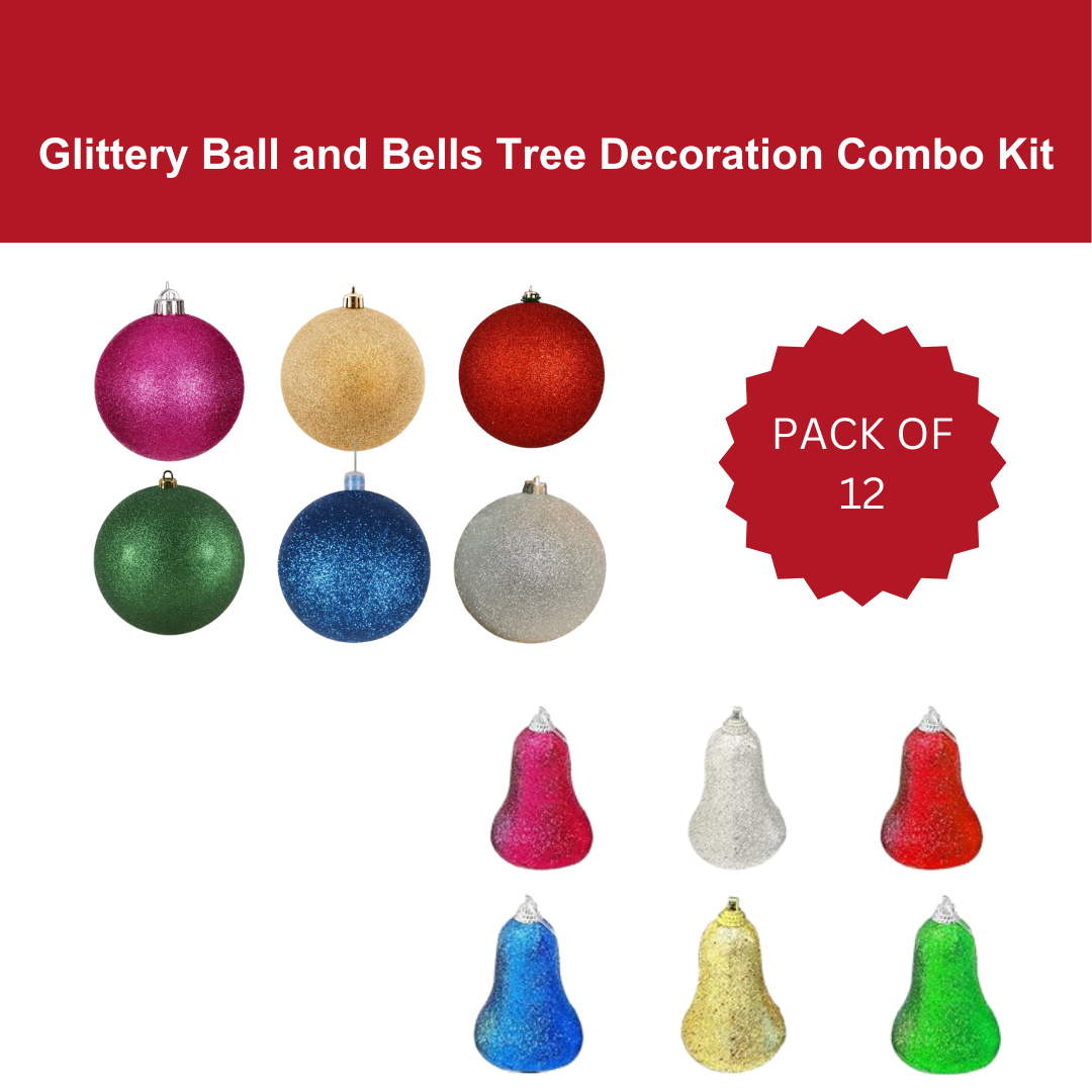 Glittery Ball and Bells Tree Decoration Combo Kit - Set of 12 PC