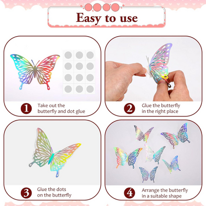 Iridescent 3D Butterfly Assorted Color w/Stickers - 12 PC