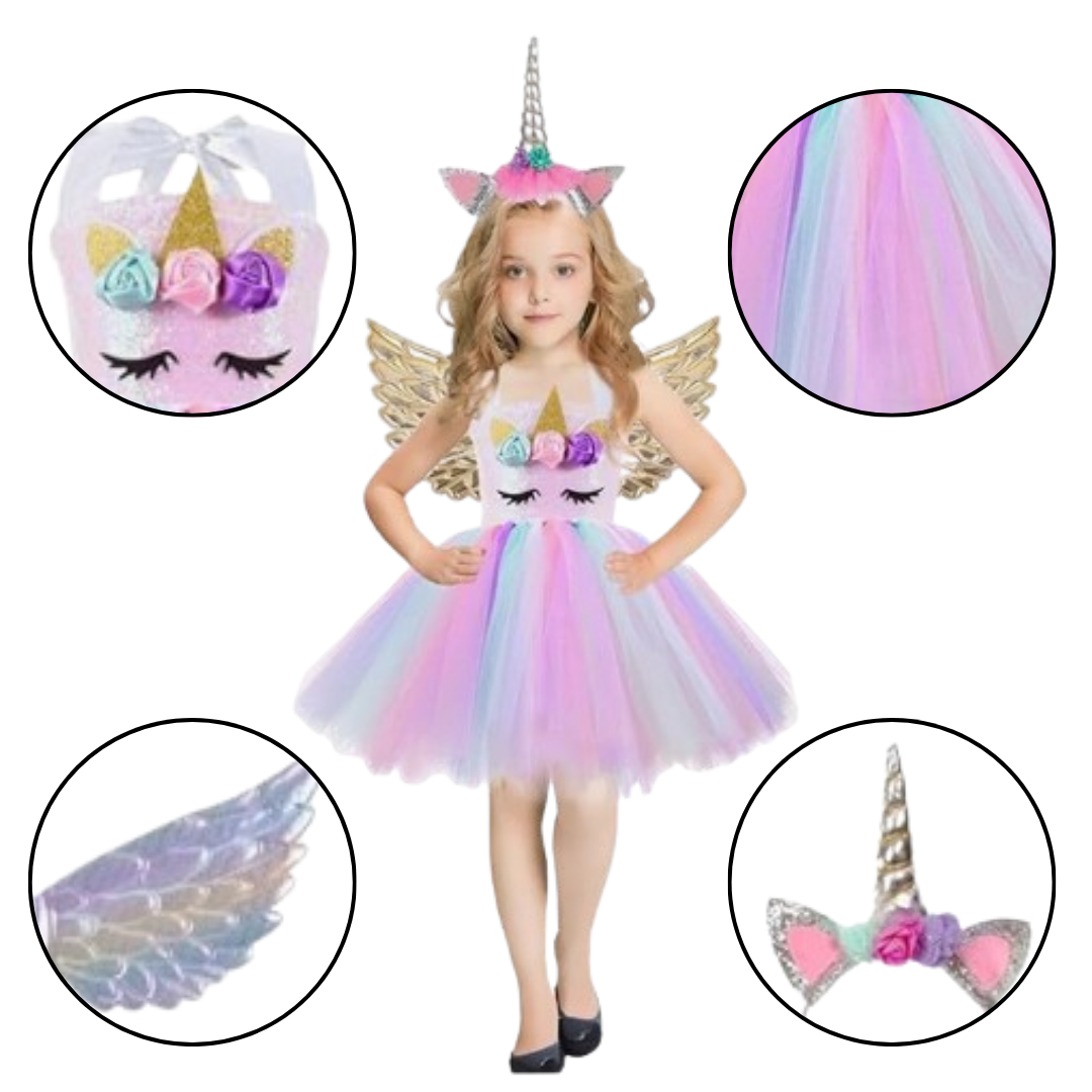 Unicorn Girls Costume w/Hair Band and Wings - Size M- Age 5 to 7