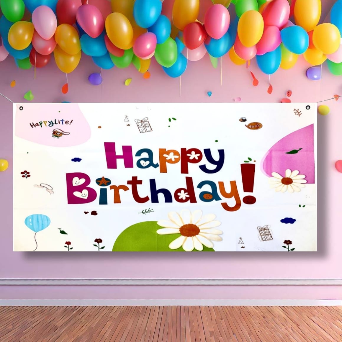 Happy Birthday Floral Print Banner - 4FTX2FT