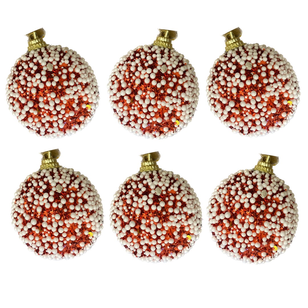 Christmas Tree Ornaments Glitter Red Ball with White Snow Dots - Set of 6