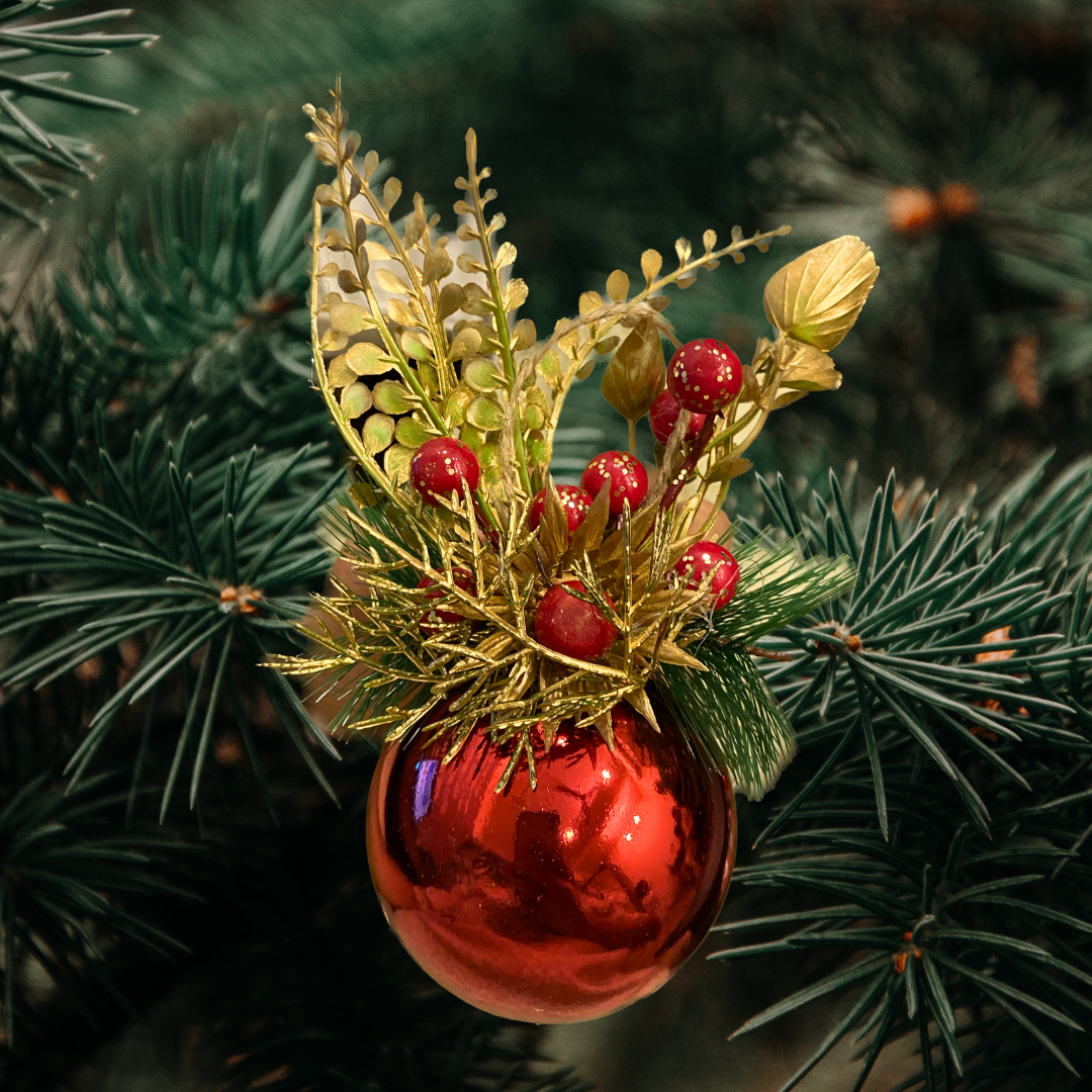 Christmas Tree Ornaments - Metallic Ball Hanging with Pine Red Cherry & Leaves - 1 PC