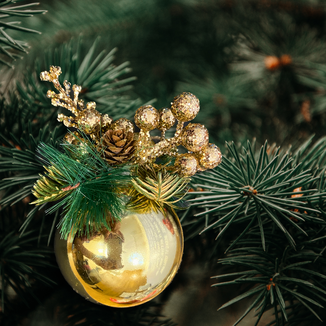 Christmas Tree Ornaments - Metallic Gold Ball Hanging with Pine Golden Cherry & Leaves - 1 PC