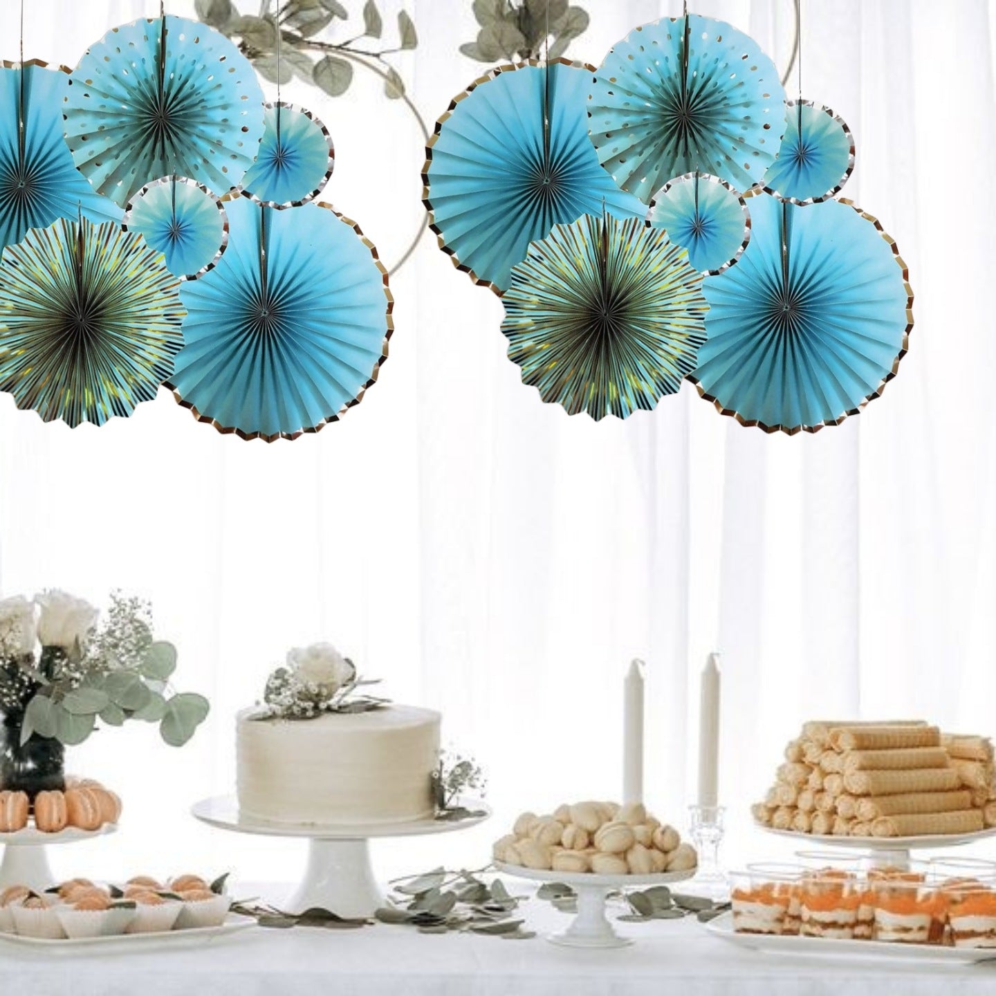 Blue Gold Designed Paper Fans Set - 6PC