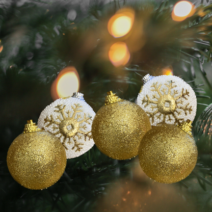 Christmas Tree Ornaments - Glitter Gold & White Balls - 6PC