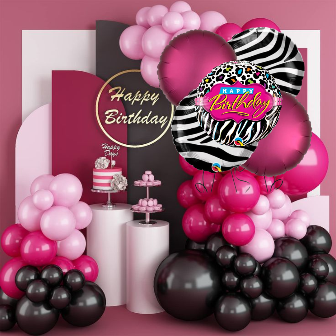 Happy Birthday Black &amp; White Set with Pink Round Balloons - 5PC