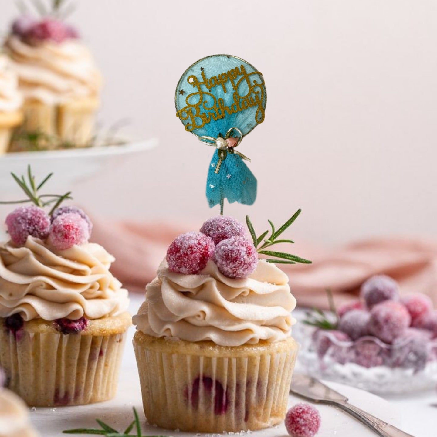 Happy Birthday Golden Cake Topper with Blue Net