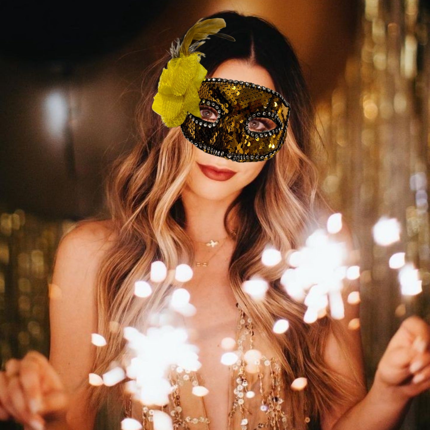 Golden Sequin Eye Mask with Yellow Flower