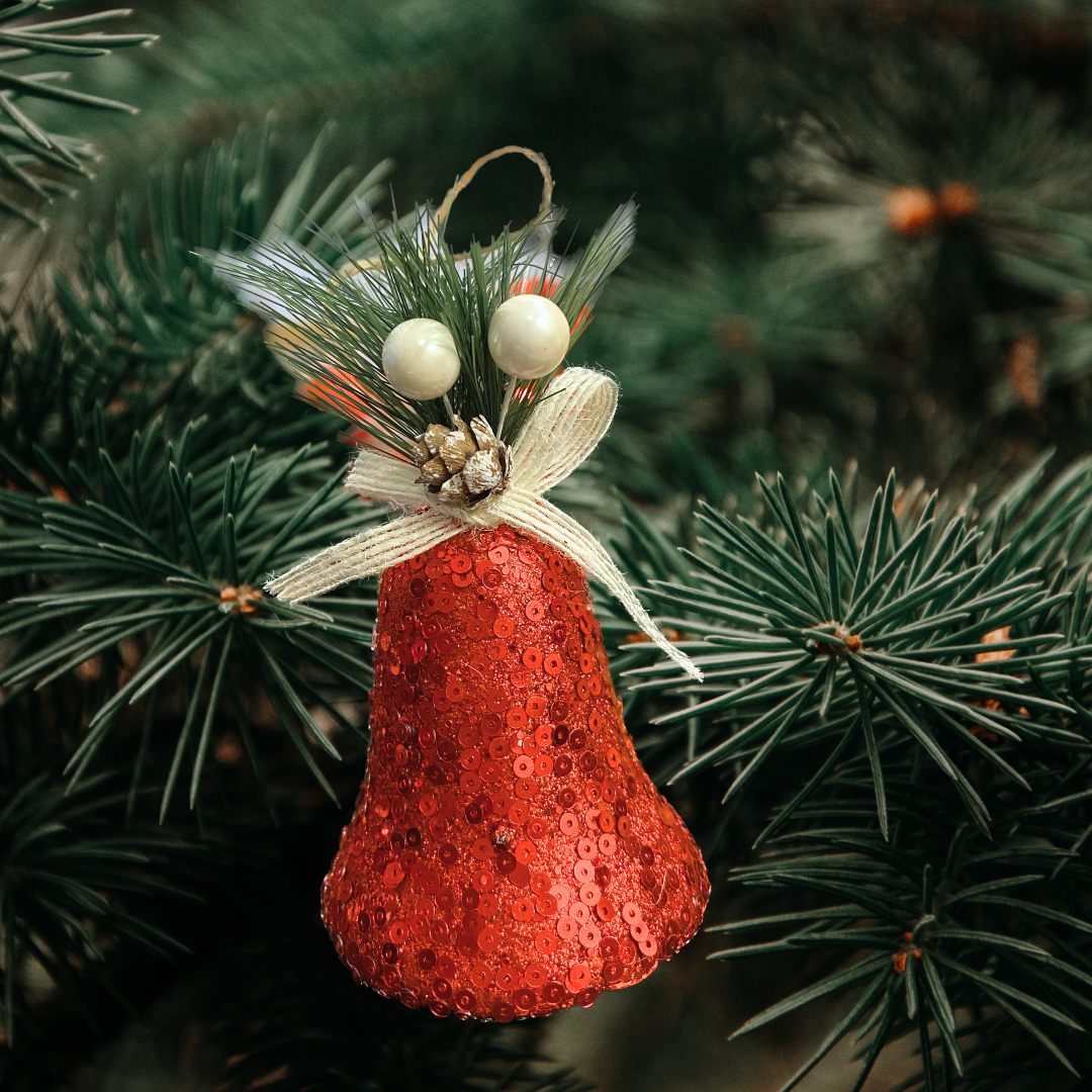 Christmas Tree Ornaments Red Sequin Bell with Pine Cone Hanging - 3PC