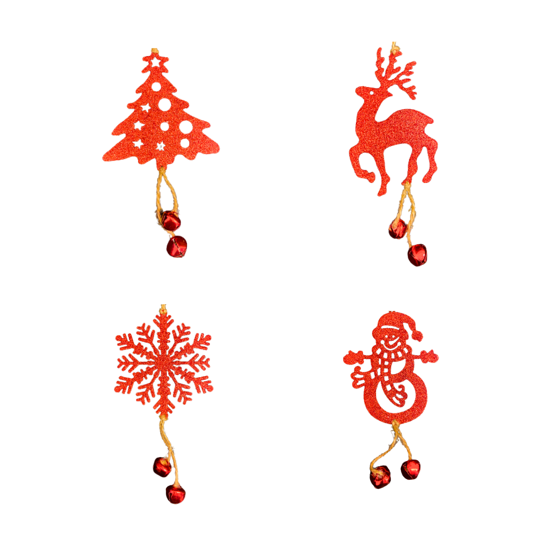 Christmas Tree Ornaments - Assorted Red Glitter Hanging Decoration with Bells  - 4PC