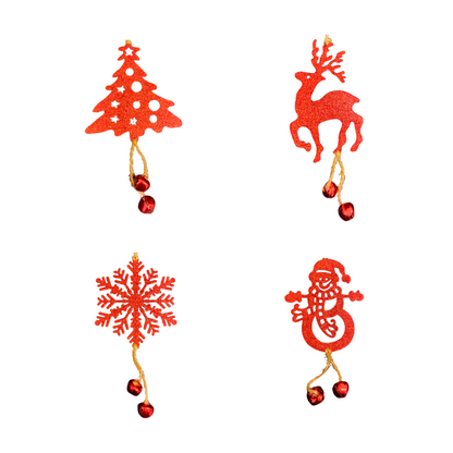 Christmas Tree Ornaments - Assorted Red Glitter Hanging Decoration with Bells  - 4PC