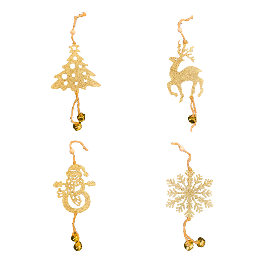 Christmas Tree Ornaments - Assorted Golden Glitter Hanging Decoration with Bells  - 4PC