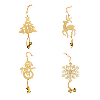 Christmas Tree Ornaments - Assorted Golden Glitter Hanging Decoration with Bells  - 4PC