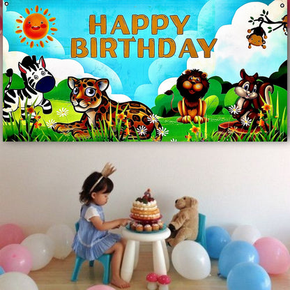 Jungle Animal Happy Birthday Banner - 4FT X 2FT