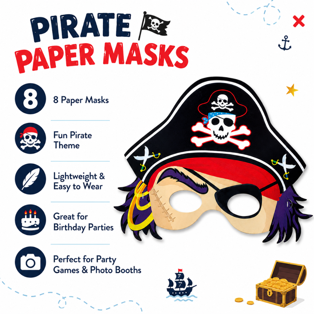 Pirate Paper Masks for Kids - Pirate Theme Party Accessories - 8 Pc