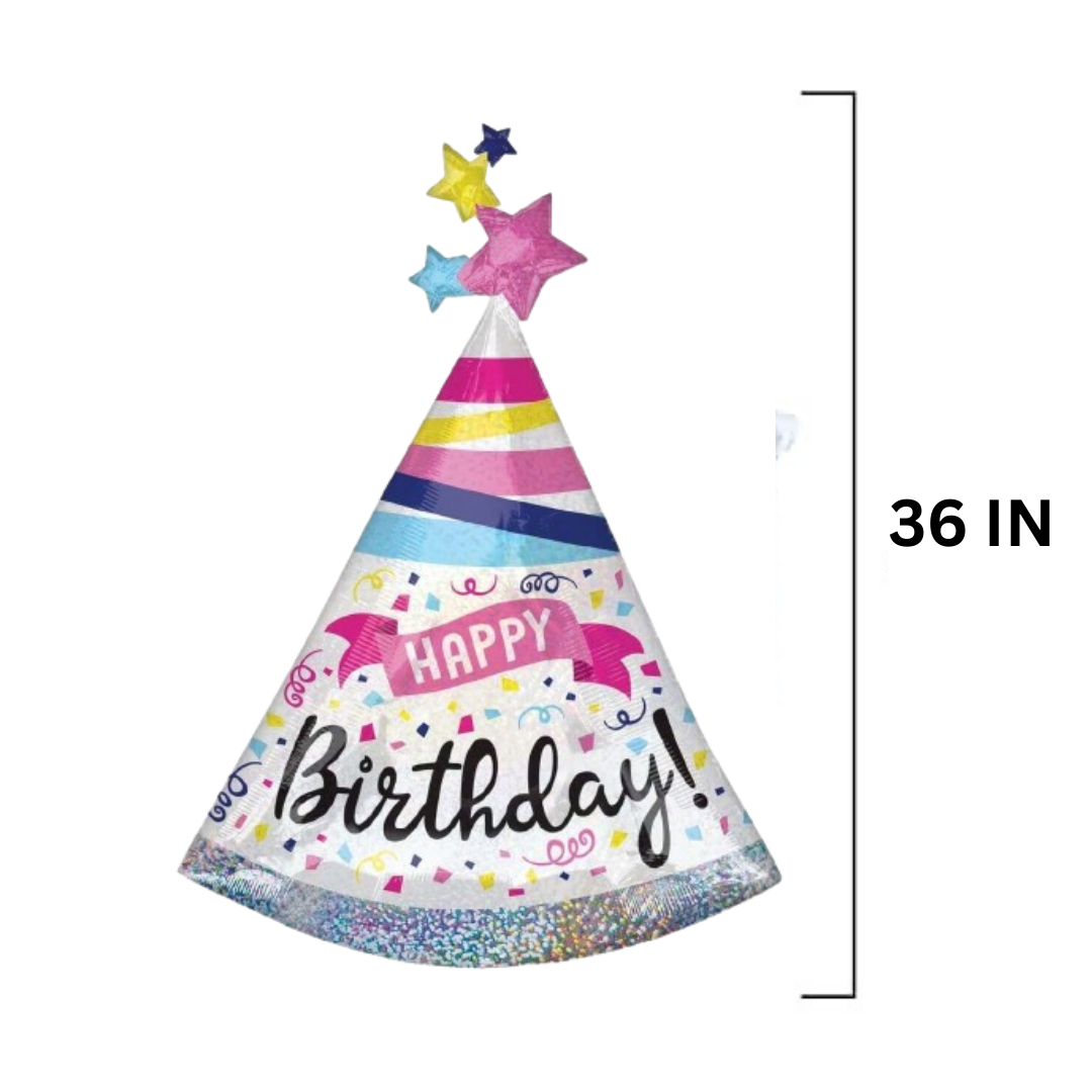Giant Prismatic Happy Birthday Hat Shaped Balloon - Helium Quality - 36 inches - 1PC