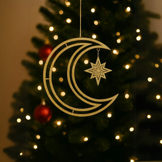 3D Moon & Star Hanging Decoration Golden- 1PC
