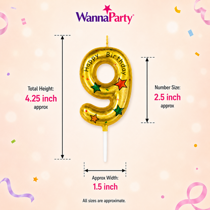 Golden Color Happy Birthday Printed Candle Number 9