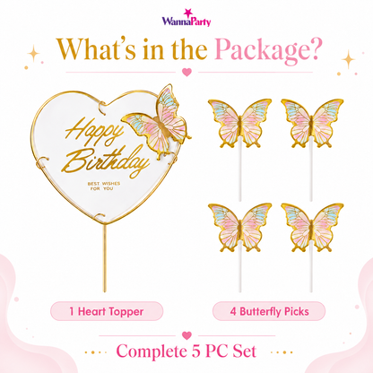 Happy Birthday Cake Topper with Multicolor Butterflies - 5PC
