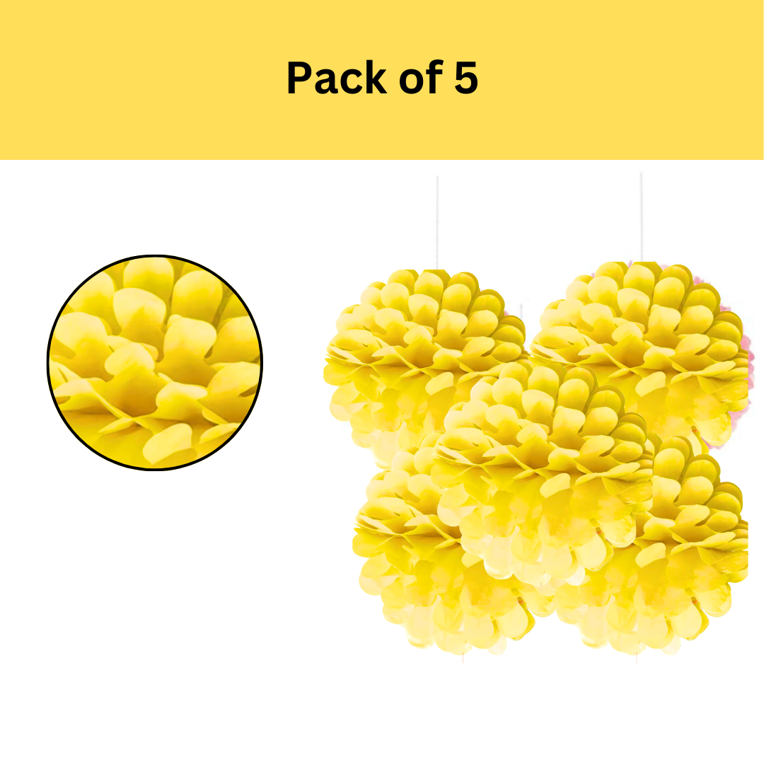 "Yellow Paper Pom Pom Hangings For Wall Decor -10 Inch -  5PC