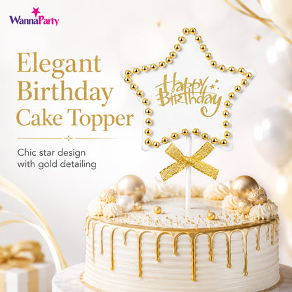 Birthday Star Cake Topper, White & Gold Star Design with Bead Border & Bow | Birthday Cake Decoration Kit for Kids, Adults, Party Cakes & Dessert Table – 1PC