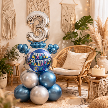 Designer Blue & Silver Balloon Bouquet Arrangement for 3rd Birthday