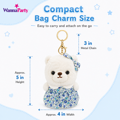 White Teddy Bear Plush Keychain, Cute Soft Bear Bag Charm with Blue Floral Dress | Gold Metal Chain, Backpack, Handbag, Keys, Birthday Return Gift & Party Favor – 1PC