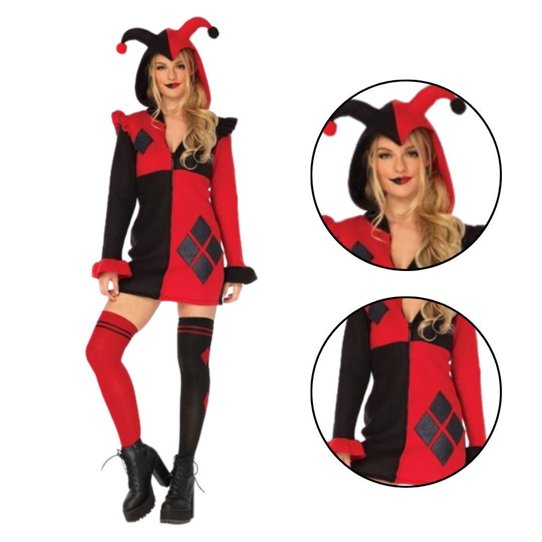 Super Villain Harley Quinn Comic Red & Black Women Costume with Hood