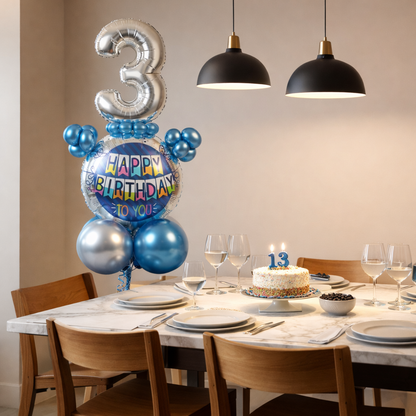 Designer Blue & Silver Balloon Bouquet Arrangement for 3rd Birthday