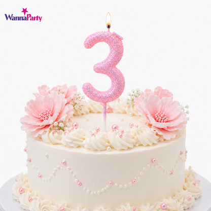 Glitter Designer Pink Candle Number 3 | Cake Candles