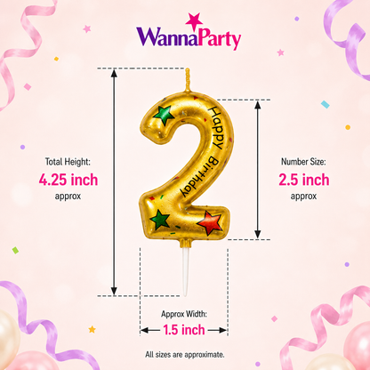 Golden Color Happy Birthday Printed Candle Number 2