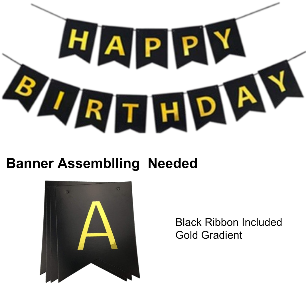 Happy Birthday Banner, Black and Gold Birthday Decoration Set of 13- Birthday Banner with 12inch Balloons, Ribbon and Adhesive Wall Hooks for Happy Birthday Decorations for Men, Boys, Women and Girls