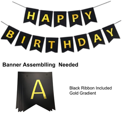 Happy Birthday Banner, Black and Gold Birthday Decoration Set of 13- Birthday Banner with 12inch Balloons, Ribbon and Adhesive Wall Hooks for Happy Birthday Decorations for Men, Boys, Women and Girls