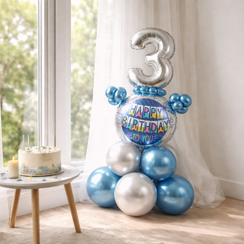 Designer Blue & Silver Balloon Bouquet Arrangement for 3rd Birthday